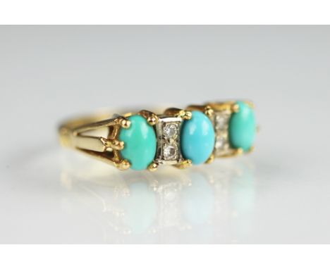 A turquoise and diamond set 18ct yellow gold ring, designed as three cabochon turquoise interspersed with four diamonds, all 