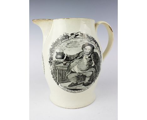 An 18th century Liverpool creamware jug, possibly Herculaneum, the baluster jug printed in black with 'The Landlords caution'