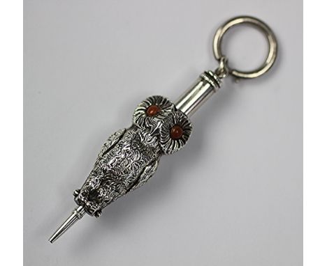 A novelty silver retractable owl pencil, William Vale & Sons, Birmingham 1901, with attached safety ring,  7cm long when open