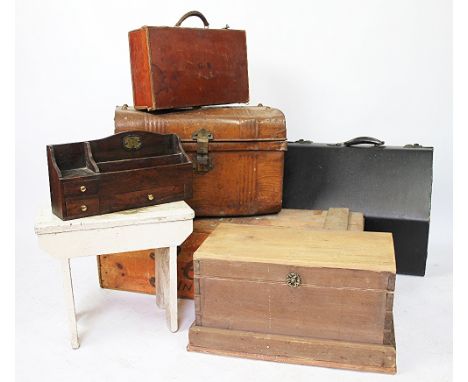 A vintage 'Geest Industries Ltd' pine box, 88cm, with a tent in leather case, a white painted milking stool, a pine box, a ti