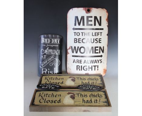 An assorted selection of vintage enamel style advertising signs, to include 6x 'Bad day in progress, approach at your own ris
