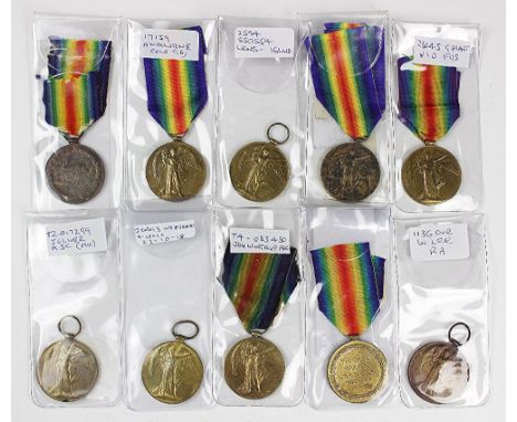 Ten World War I Victory Medals, comprising, 1136 Dvr W. Lee R.A; 220331 Pnr W. L. Hassall R.E; 204113 Pte H. H. Marshall Worc
