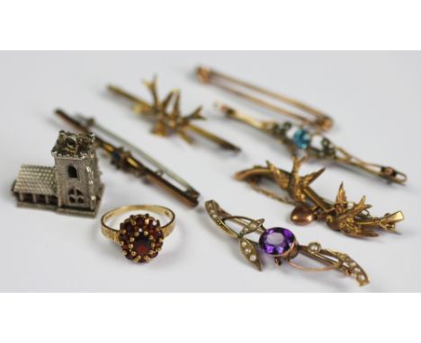 A collection of six assorted bar brooches, to include; an amethyst and seed pearl set bar brooch stamped '9ct', two bird set 