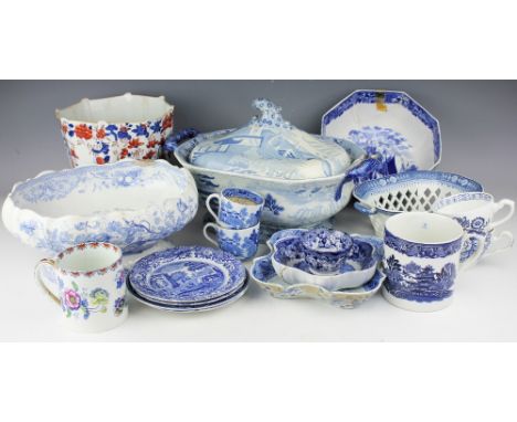 A collection of blue and white printed wares to include; A Brameld tureen and cover with a printed Pagoda pattern, a pair of 