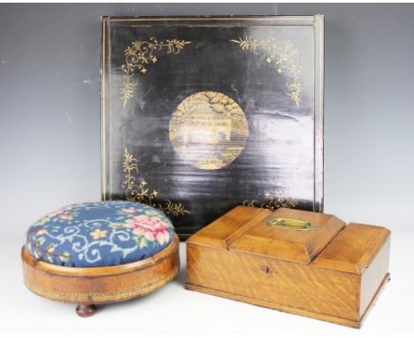 A Cantonese lacquered box, with gilt pictorial detailing and hinged lid enclosing a gouache painted lid (originally would hav