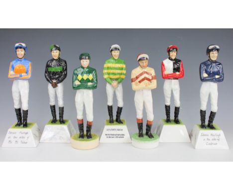 A collection of five Hallow Worcester figures of racing jockeys, comprising Tony McCoy, Johnnie Murtagh in two different colo