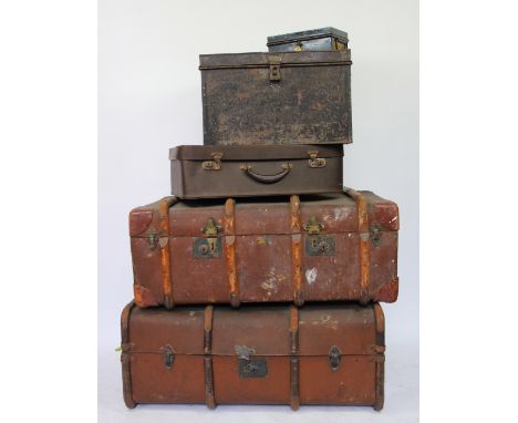 Two vintage travelling trunks, enclosing various boxes and cases, a Corona folding typewriter,  with some metal boxes etc (Qt