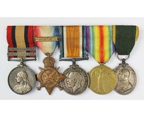 A Queen South Africa and World War One medal group of five, the QSA named 4374 Pte H. Clarke Suffolk Regt, with Transvaal and