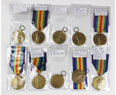 Ten World War I Victory Medals, comprising, 180926 Gnr G. F. Bailey R.A; 7257 Pte F. Jackson Notts & Derby R; 23127 Pte J. Bo