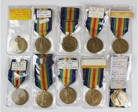 Ten World War I Victory Medals, comprising, 11281 Pte J. A. Trott Lan Fus; 3103 Pte I. Evans S. Staff. R; 7154 Pte P. Devine 