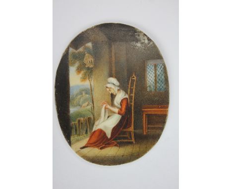 A 19th century oval miniature, watercolour on ivory, depicting a a seated women sewing within an interior with landscape view