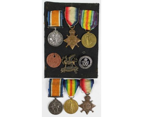 Two World War I trios, comprising 1914-15 Star, BWM and VM, to C-5786 Pte J. B. AllenE. Kent. R, The Buffs badge, dog tag and