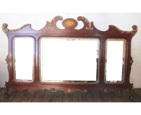 A George II style inlaid mahogany and gilt gesso triple plate over mantle mirror, with shell detailing and bevelled plates, 9