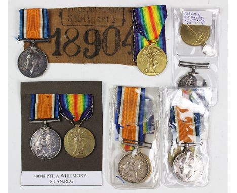 Five World War I pairs, BWM and VM, comprising, 40048 Pte A. Whitmore, S. Lanc R, with copy printed medal rolls index card fo