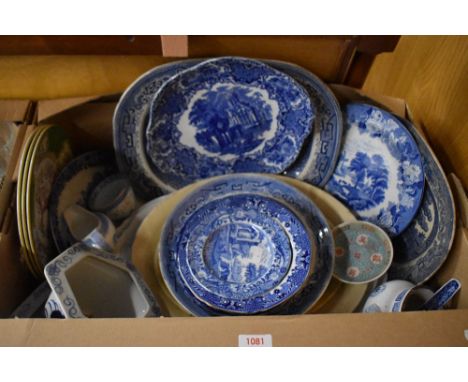 A collection of blue and white ware including Spode, three Minton's 'Cockatrice' pattern plates and four large meat platters 