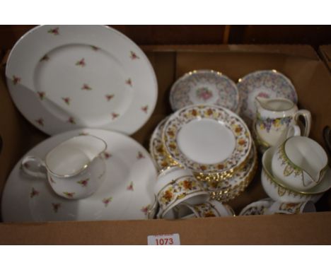 A Royal Stafford part tea set having yellow and brown floral design with gilt edging (19 pieces approx), six Mayfair dinner p