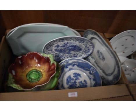 A small lot of assorted plates and platters including blue and white ware and two desert dishes one being a poppy design.