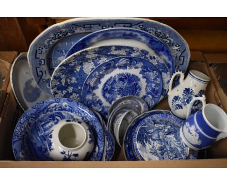 A box of blue and white ware including a Copeland Spode 'Italian' dish, Leighton Pottery 'May Blossom' platter, Burleigh bulb