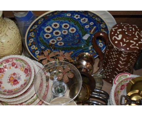 A miscellaneous selection of items including a Wetheriggs Pottery lidded jug, a slate lamp (no wire), decorative display plat