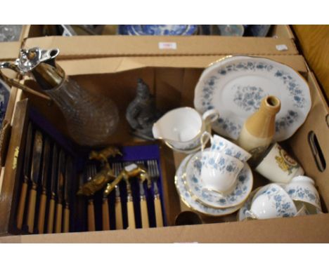 A Colclough part tea service pattern no. 8454 (19 pieces approx) a pressed glass claret jug with plated spout, four brass ani