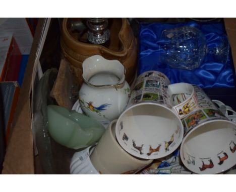 A miscellaneous selection of items including a small amount of commemorative ware, glass plates, plated ware. Two boxed Dunoo