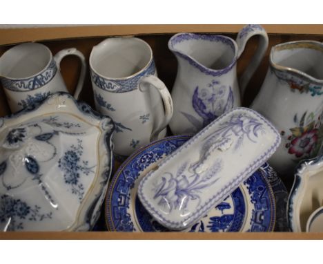 A collection of blue and white ware including tureens, jugs and plates etc, Some AF.
