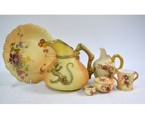 Four items of Royal Worcester blush ground wares decorated with flowers and foliage comprising; fluted dish, dated 1907, shap