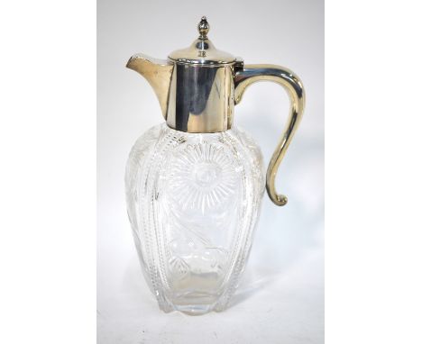 A fine quality Edwardian glass claret jug with wheel-cut floral and foliate design, with silver collar, cover and handle, D &