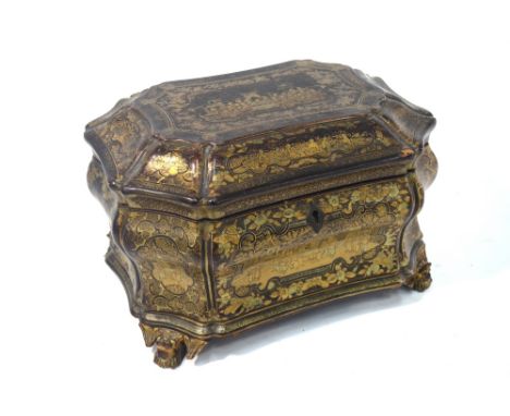 A Chinese Export lacquered tea-caddy of shaped octofoil form; with hinged cover opening to reveal two pewter containers with 