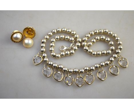 A pair of mabe pearl stud earrings, in rope style setting, for pierced ears, yellow metal set to/w metal bead necklace stampe