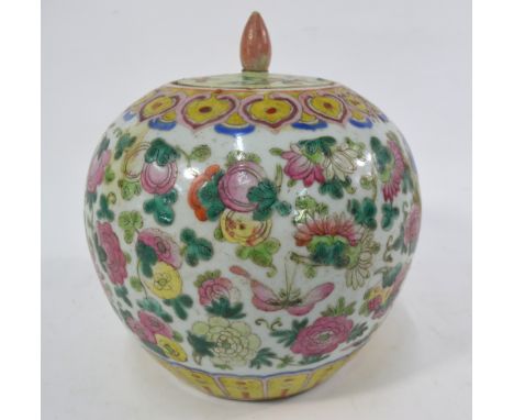 A famille rose oviform vase and associated cover with knop finial, decorated with bird, peach and floral designs, 23cm high, 