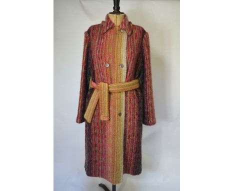 A Missoni, Italy wool/mohair mix boucle coat with deep side pockets and buckle belt, fastened with shell buttons in yellow/pi