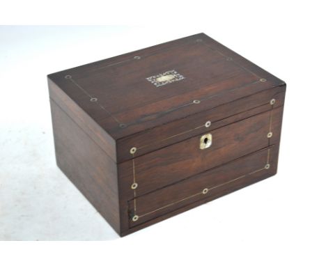 A Victorian mother-of-pearl inlaid rosewood combination jewellery and writing box, having a fitted interior over a drawer, 30