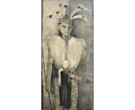 Cheong Soo Pieng (1917-1983) - Portrait of a young warrior, probably Sarawak, Borneo, in traditional costume, ink, watercolou