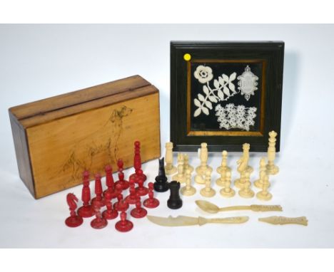 A satinwood box, the top with penwork portrait of a Setter dog, signed Betty Banister, containing a part set of bone chessmen