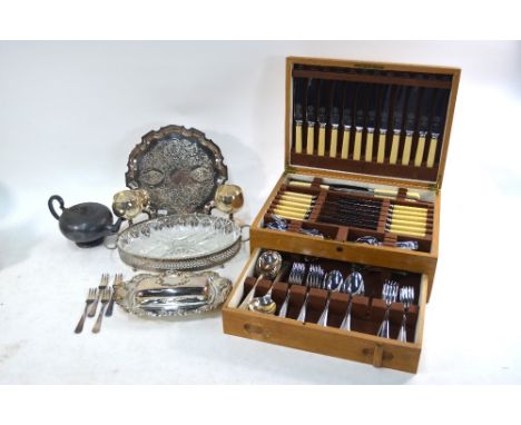 An oak canteen of epns flatware and ivory-handled stainless steel cutlery for eight (little sign of use), to/w various other 