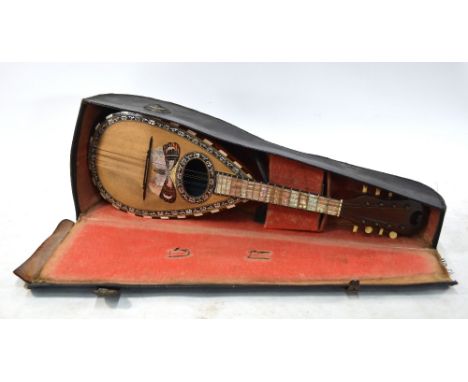An Italian rosewood mandolin inlaid with mother of pearl and tortoiseshell, marquetry butterfly motif and bone keys, by Strid