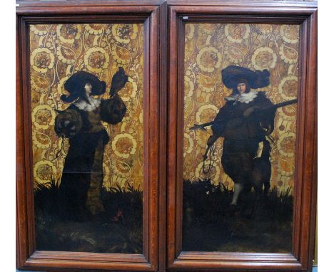 Continental school - A pair of Arts and Crafts cuir de cordoue gilt tooled leather panels decorated with hunting scenes of a 