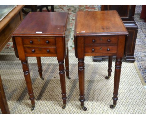 A companion (near) pair of Victorian mahogany drop leaf occasional tables, with two drawer to one end opposing dummy drawer f