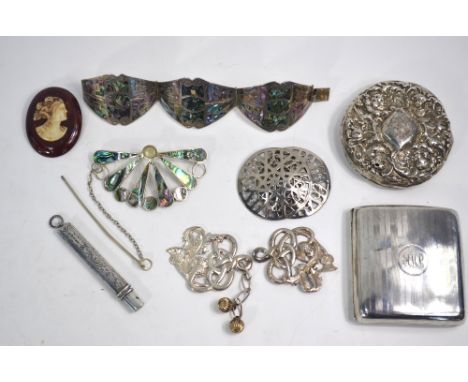 An Edwardian Scottish silver two-piece cloak-clasp decorated with thistles, John Maitland Talbot, Edinburgh 1904, to/w a ciga