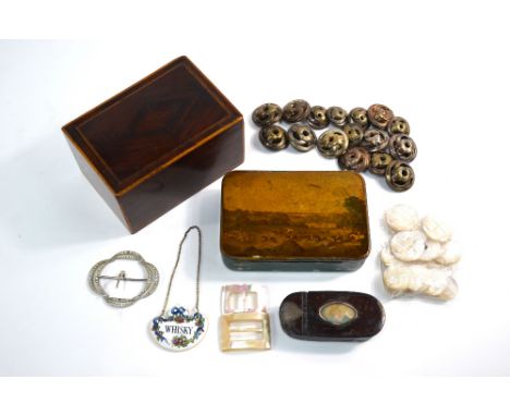 A set of eleven electroplate on copper buttons, modelled as Celtic knots and five smaller matching buttons, six carved mother
