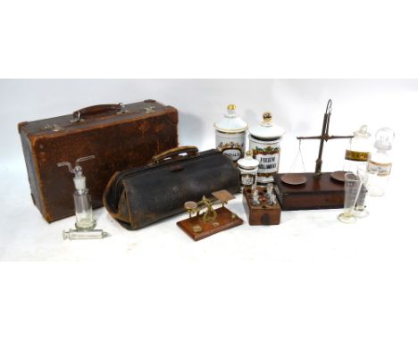 An obstetrician's bag of instruments, to/w a leather doctor's instrument case, two sets of scales, various apothecary/drug ja