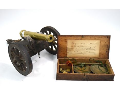 Boer war interest: a boxed set of brass scales and weights, handwritten paper label within inscribed 'Set of Scales and weigh