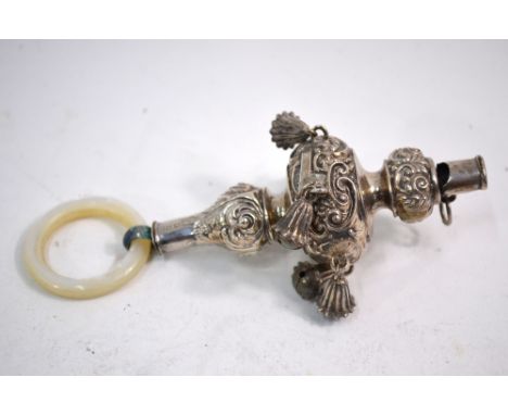 A late Victorian silver baby's rattle with mother-of-pearl teething ring, six bells and whistle, Saunders & Hollings, Birming
