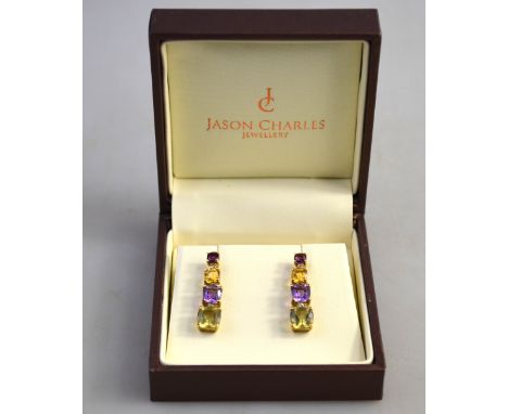 A pair of graduated drop earrings set garnet, citrine, amethyst and pale peridot, 9ct yellow gold, for pierced ears, in case 