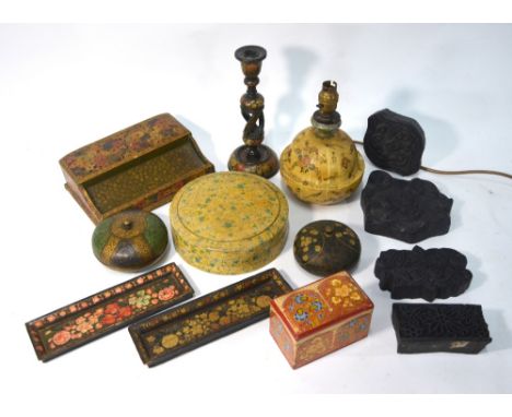 A quantity of Kashmir, or other, lacquer, including: a writing set with hinged cover, inscribed: 'Ganemede Srinagar /Kashmir 