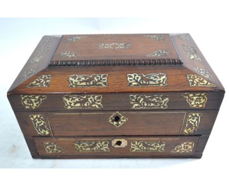 A Regency mother-of-pearl inlaid rosewood combination sewing, jewellery and writing box of sarcophagus form, 30 x 235 x 16 cm