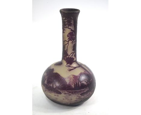 Richard - a French two layer purple cameo glass vase decorated with an alpine village scene beside a lake, signed, first quar