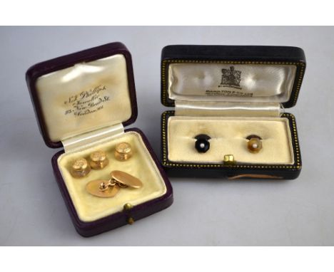 A pair of hexagonal 9ct dress studs with rectangular agate and cultured pearl frontpieces, in box supplied by Hamilton & Co, 