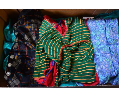 Two boxes boxes of assorted vintage clothing to include a top with stitch-worked panel, a Victorian black silk pleated skirt,